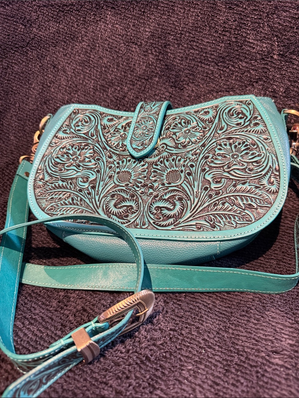 Myra Bag. Turquoise Tooled wildflowers of the prarie Crossbody Bag
